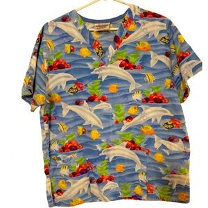 Jasco, Small, light blue scrub top covered in colorful fish